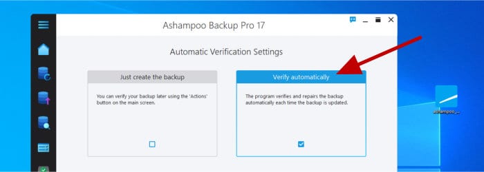 ashampoo backup pro 17 - backup verification settings page