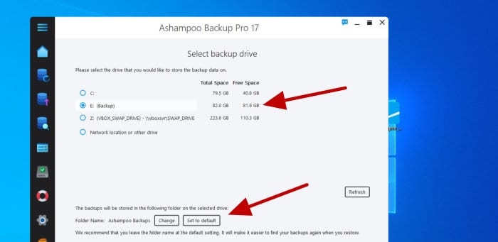 ashampoo backup pro 17 - select drives for imaging
