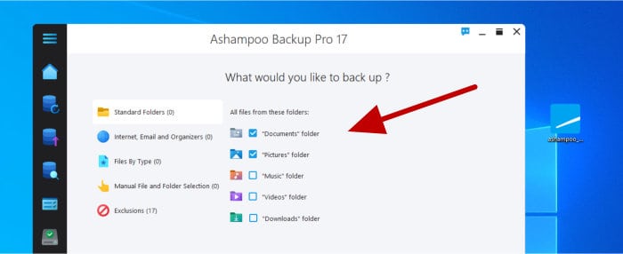 ashampoo backup pro 17 - selecting files for adding to backup
