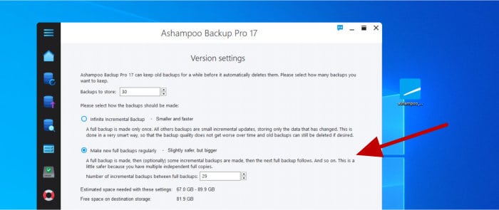 ashampoo backup pro 17 - set image versioning settings