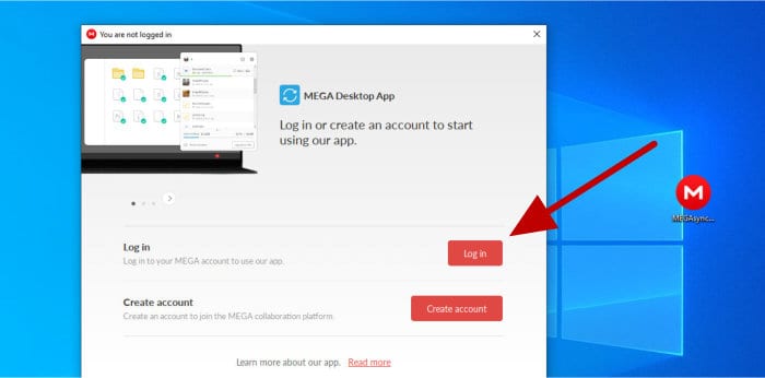 mega review - desktop app login page