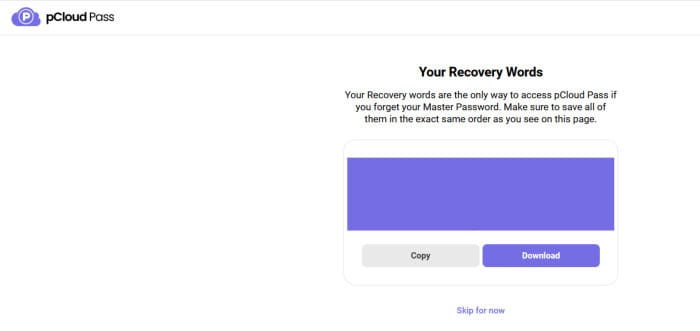 pcloud pass recovery phrase screen