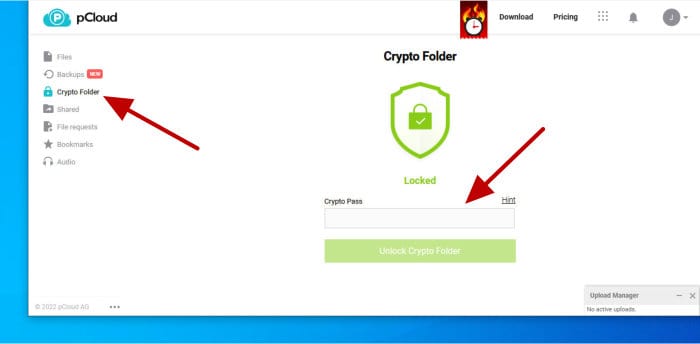 pcloud review - access crypto folder on web browser