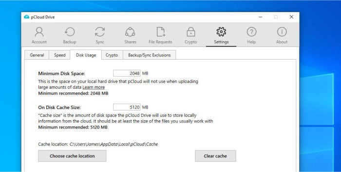 pcloud review - desktop software cache settings tab