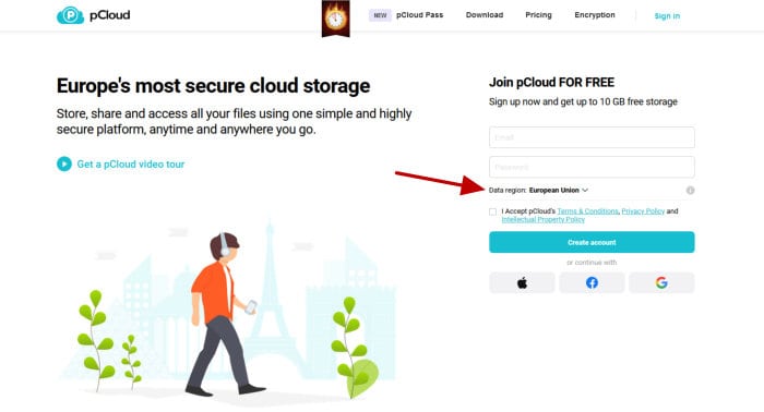 pcloud review - sign-up and choose data centre