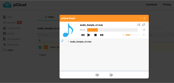 pcloud review - web media player