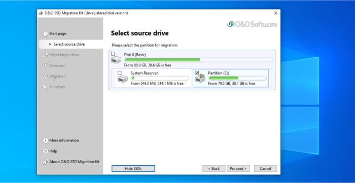 best ssd migration software - o&o ssd migration kit in-use