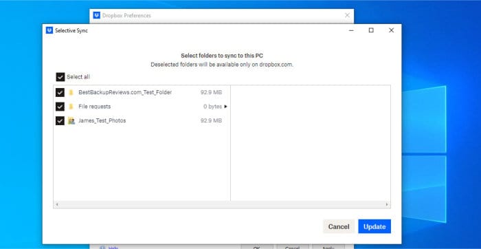 dropbox review - select sync folders