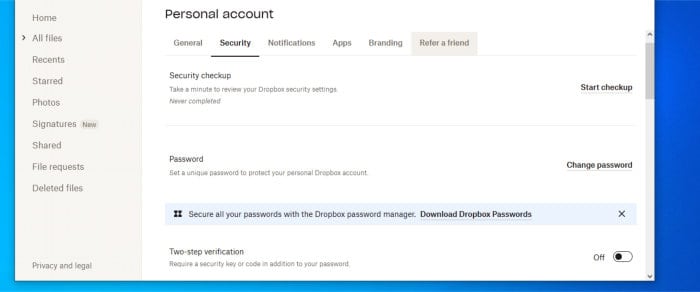 dropbox review - security settings