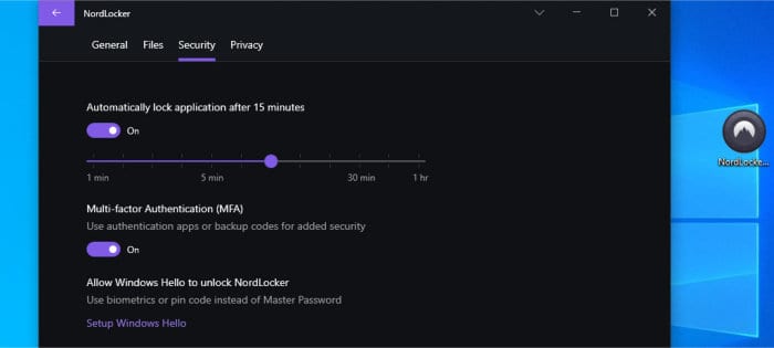 nordlocker review - app security settings page