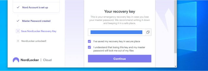 nordlocker review - createing account recovery key