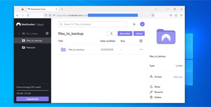 nordlocker review - web interface with files