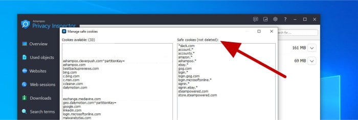 privacy inspector - internet traces safe cookies section