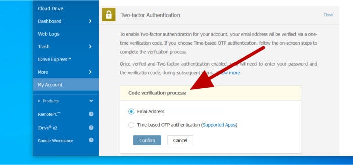 idrive review - multifactor authentication settings (2fa)