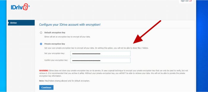 idrive review - choosing encryption options during sign-up process
