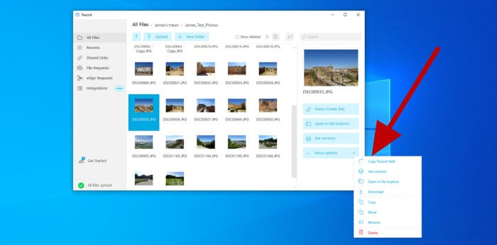 tresorit review - desktop app gallery view and options context menu
