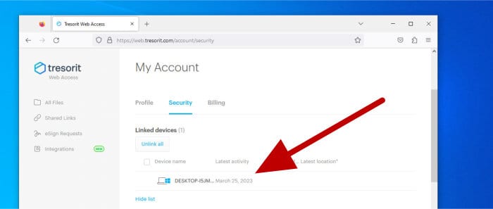 tresorit review - account security settings - authenticated devices