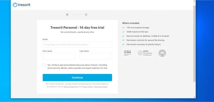 tresorit review - 14 day trial sign-up page