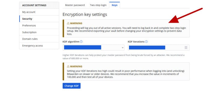 bitwarden review - kdf encryption settings