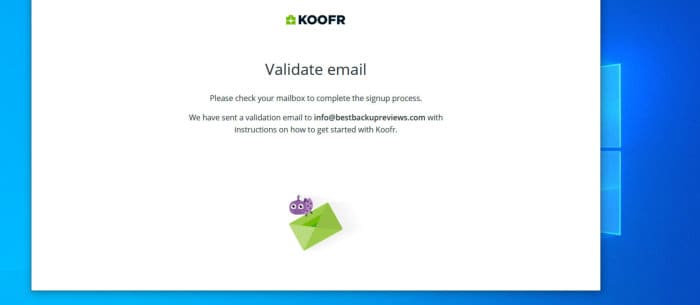 koofr review - email comfirmation page