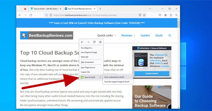 koofr review - firefox browser extension in-use