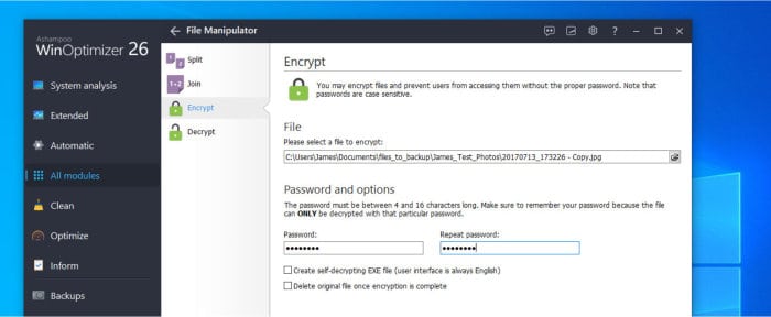 winoptimizer 26 review - file encryption functionality in-use
