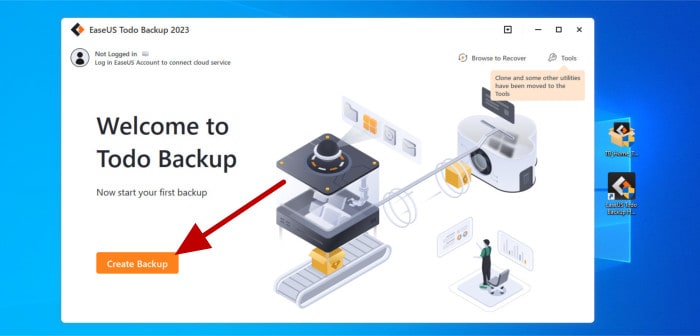 easeus todo backup review - app homepage showing button to create first backup