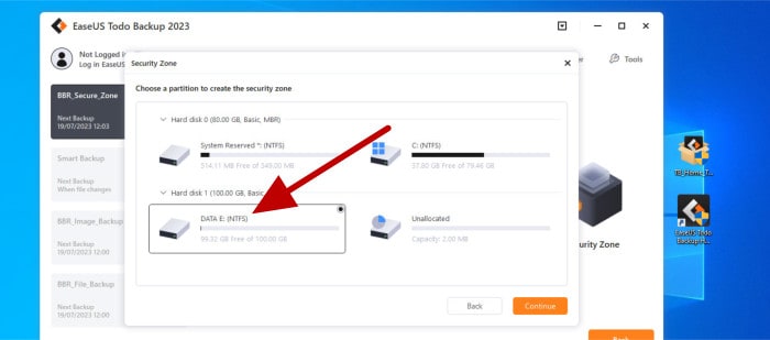easeus todo backup review - selecting disk for security zone partition