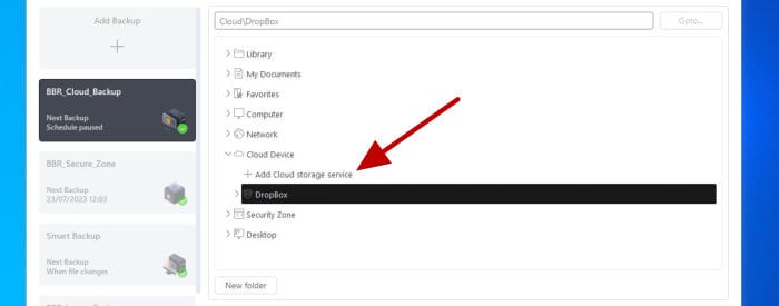 easeus todo backup review - selecting dropbox cloud storage