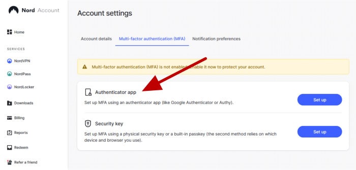 nordpass review 2023 - multifactor authentication settings page
