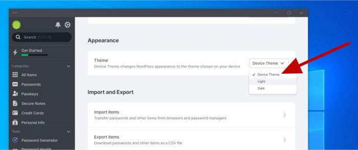 nordpass review 2023 - desktop app theme settings page