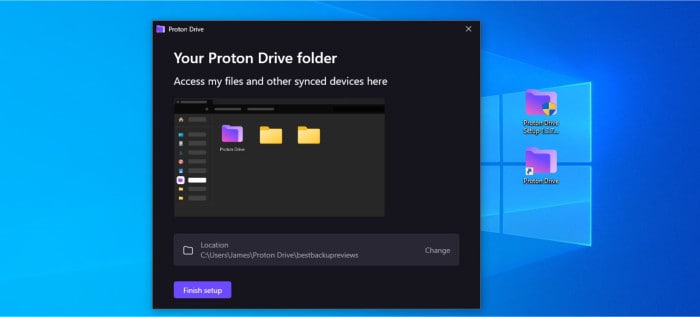proton drive review 2023 - windows app selecting proton drive folder sync location