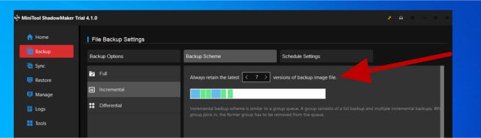 minitool shadowmaker review 2023 - backup scheme and versioning settings
