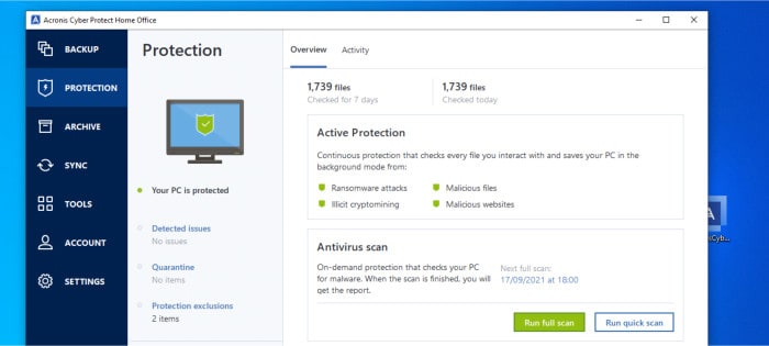 best backup software 2023 - acronis cyber protect home office antivirus settings