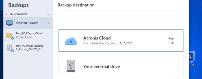 best backup software 2023 - acronis built-in cloud storage example
