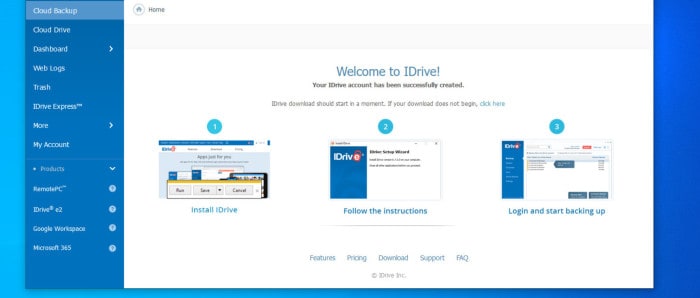 best backup software 2023 - idrive backup welcome page