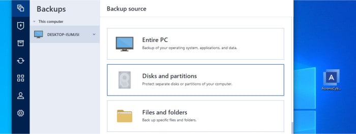 best disk imaging software - example of available disk imaging options within Acronis