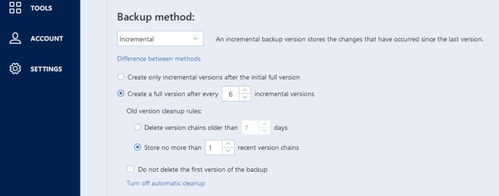 best disk imaging software - example of incremental backup settings