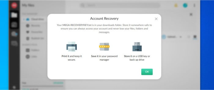 best free cloud storage - mega.io account security settings