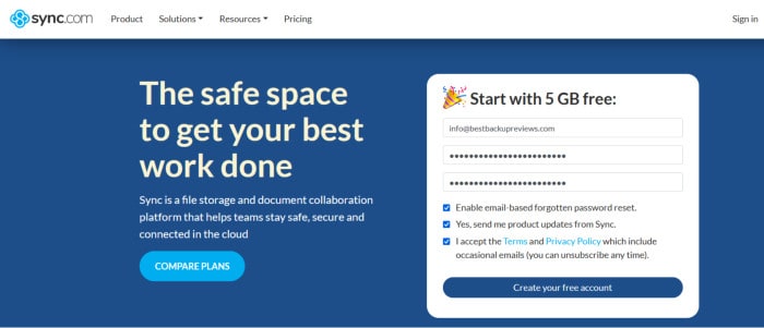 best free cloud storage - sync.com welcome page