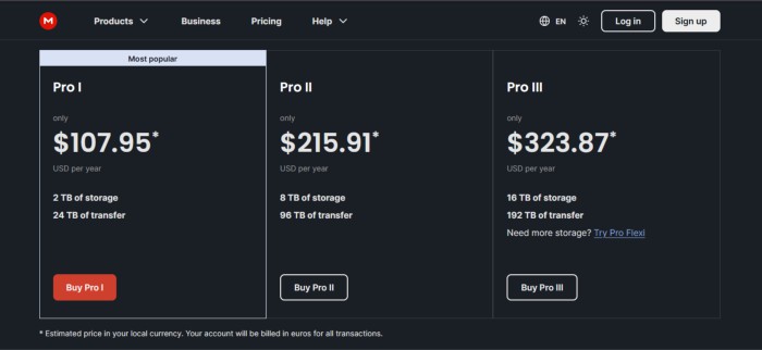 mega.io review - individual web pricing table updated sep 2023