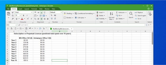 ashampoo office 9 review - calculate application cost projections spreadsheet being built