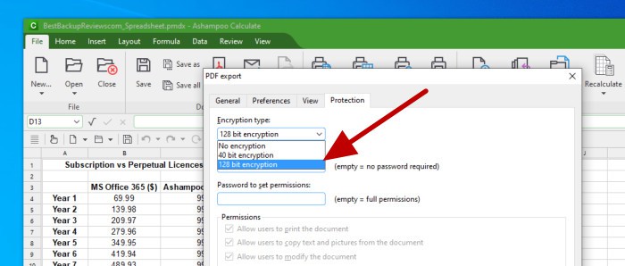 ashampoo office 9 review - setting pdf export security options