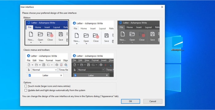 ashampoo office 9 review - selecting app layout and theme options