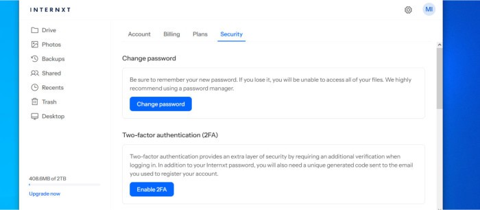 internxt review 2023 - security settings web view