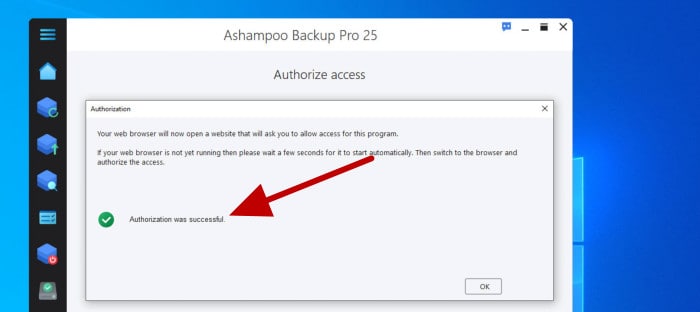 ashampoo backup pro 25 review - authorising dropbox cloud storage