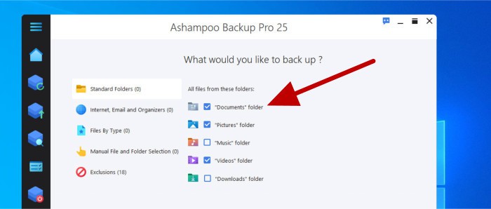 ashampoo backup pro 25 review - file selection tool in-use