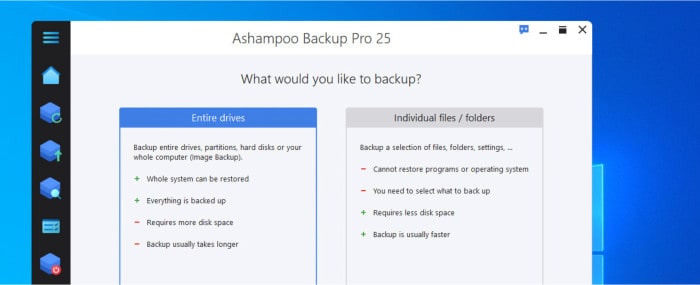 ashampoo backup pro 25 review - choose disk image or file level backup type