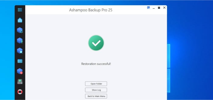 ashampoo backup pro 25 review - restore successful page