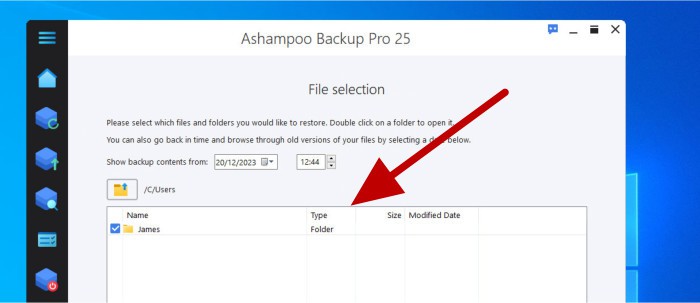ashampoo backup pro 25 review - selecting files to be restored